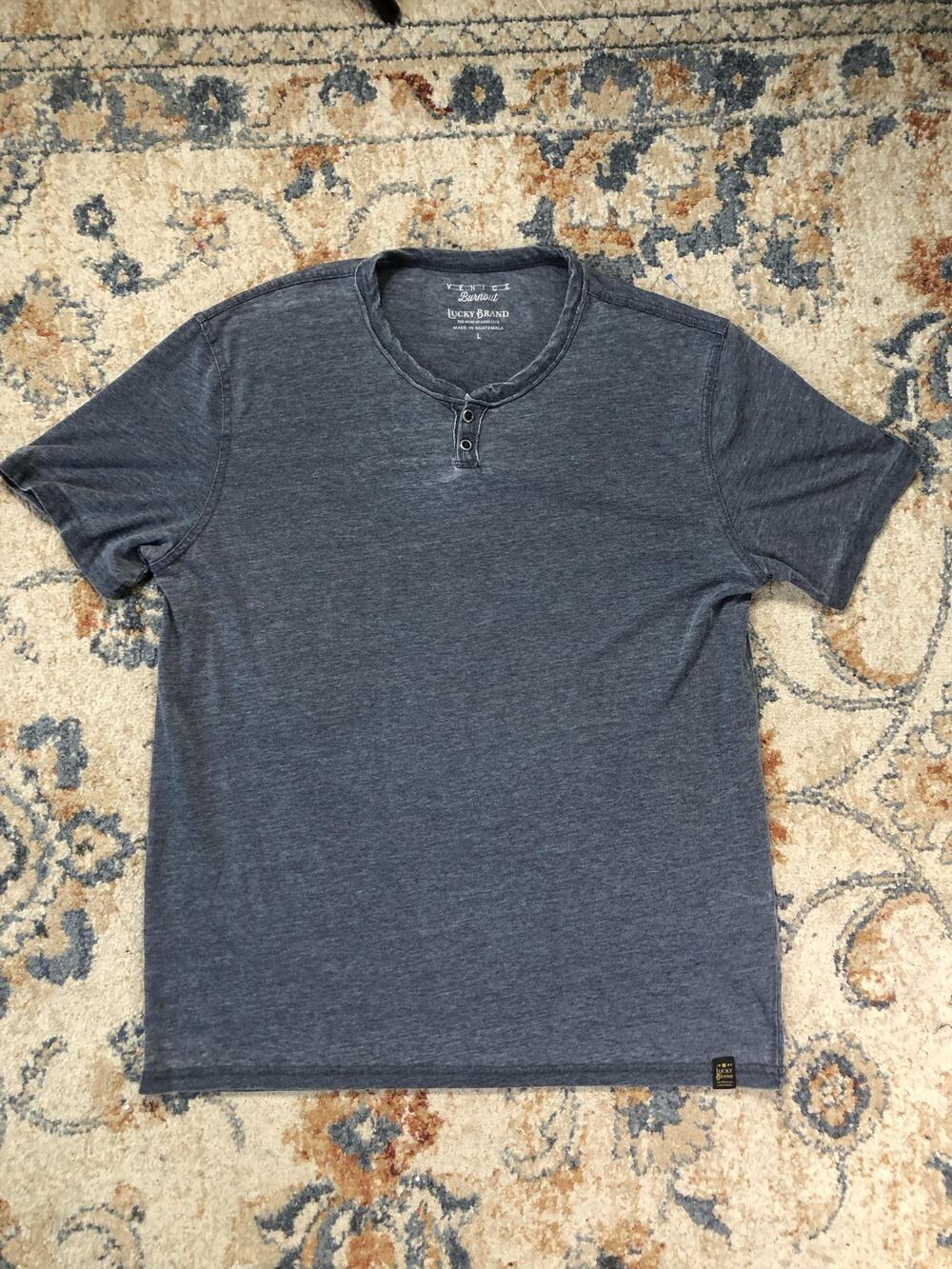 Lucky Brand Henley Shirt Mens Large Blue Short Sleeve Venice Burnout Tee Tagless